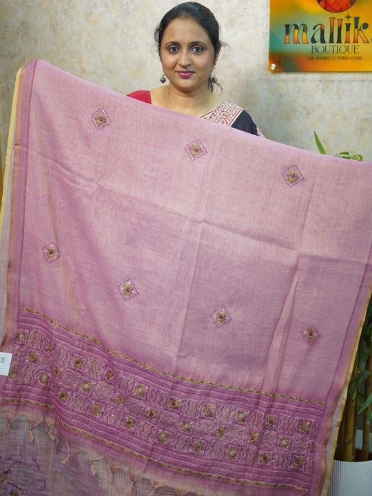 TISSUE LINEN EMBROIDERY SAREE CODE:MB235