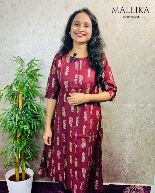 Semi modal kurtis product_codeMB77 maroon mango motif