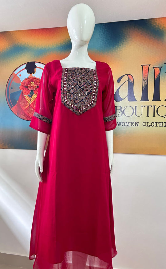 DEEP PINK HANDWORKED GEORGETTE A LINE KURTI_MF02MB131123