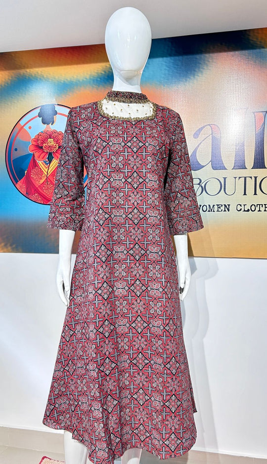 SOFT COTTON AJRAK PRINT HANDWORKED A LINE KURTI _PF61MB181023