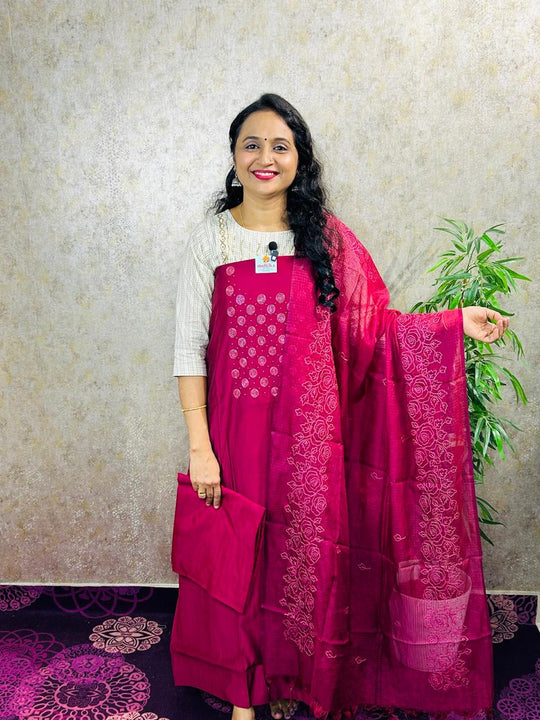 SALWAR MATERIAL-3PC-SEMI SILK WITH KOTA DUPATTA-MB83-MAROON