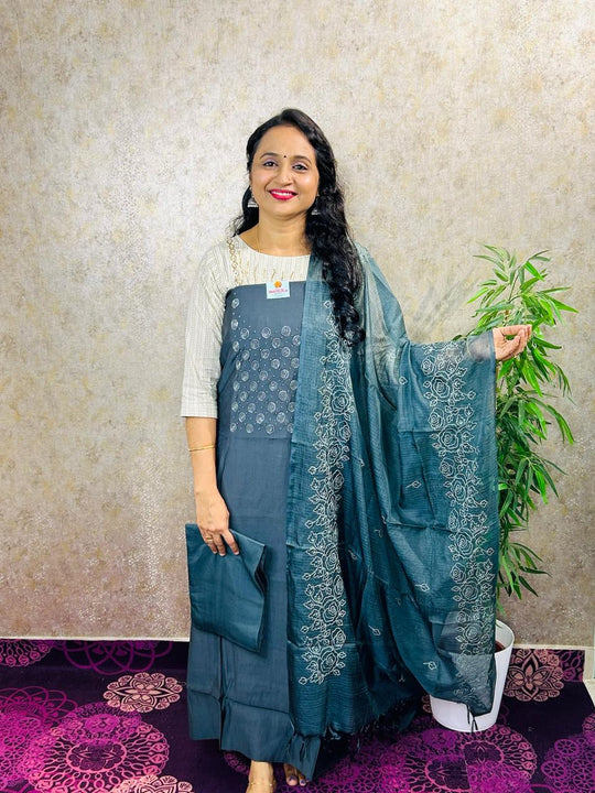 SALWAR MATERIAL-3PC-SEMI SILK WITH KOTA DUPATTA-MB83-G-GREY