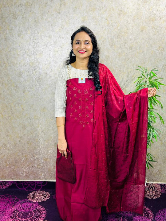 SALWAR MATERIAL-3PC-TOP AND DUPATTA SEMI SILK-MB83-MAROON