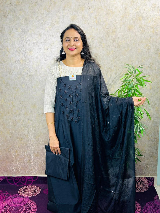 SALWAR MATERIAL-3PC-SEMI SILK TOP AND DUPATTA-MB83-JETBLACK