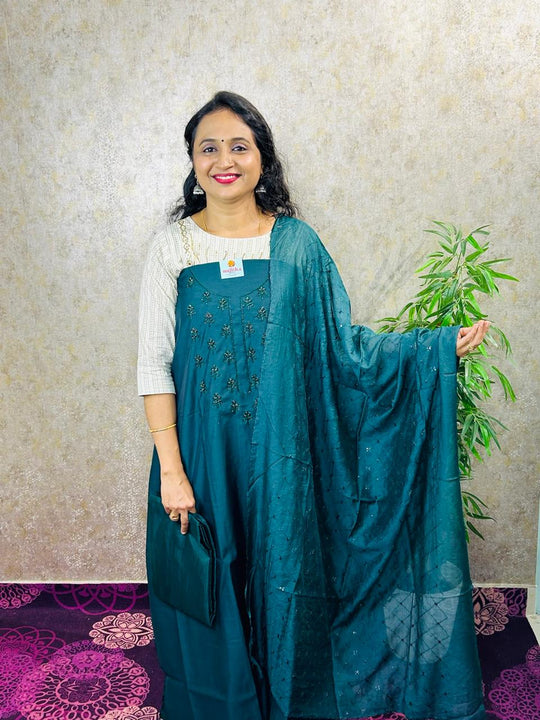 SALWAR MATERIAL 3PC-TOP AND DUPATTA SEMI SILK-MB83-GREEN