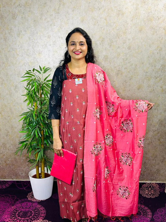 SALWAR MATERIAL-3PC-SEMI MODAL WITH KASHMIRI WORK-MB83-PASTEL BROWN