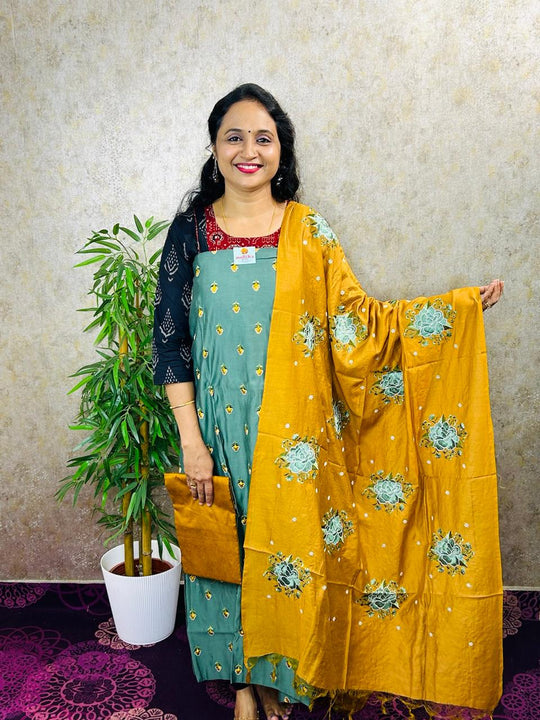 SALWAR MATERIAL-3PC-SEMI MODAL IN KASHMIRI WORKMB83-PASTEL GREEN