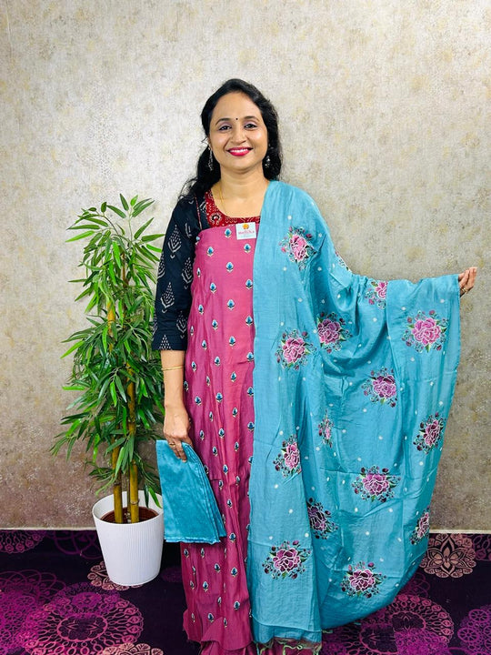 SALWAR MATERIAL-3PC SEMI MODAL WITH KASHMIRI WORK-MB83-DARK ONION PINK