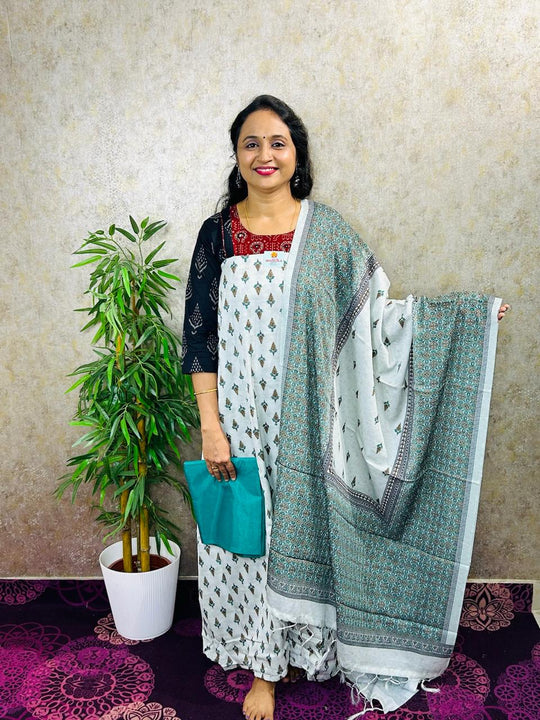 SALWAR MATERIAL-3PC-SLUB SILK WITH PRINTED with THREAD WORK-MB83-WHITE-GREEN