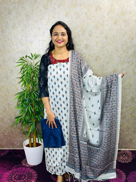 SALWAR MATERIAL-3PC-SLUB SILK PRINTED WITH THREAD WORK-MB83-WHITE-BLUE