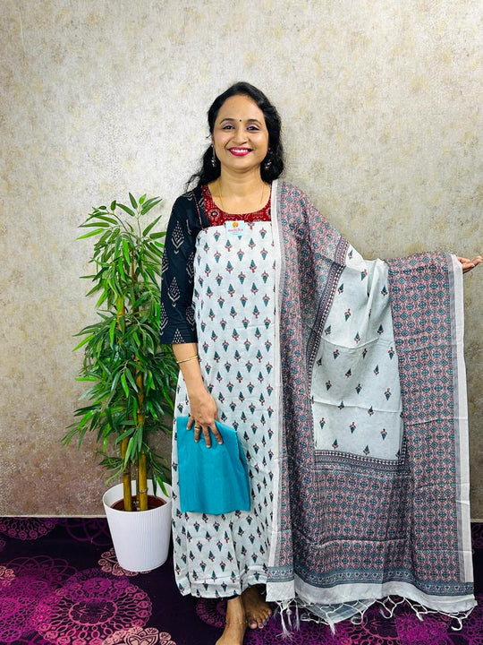 SALWAR MATERIAL-3PC-SLUB SILK PRINTED WITH THREAD WORK-MB83-WHITE-L GREEN