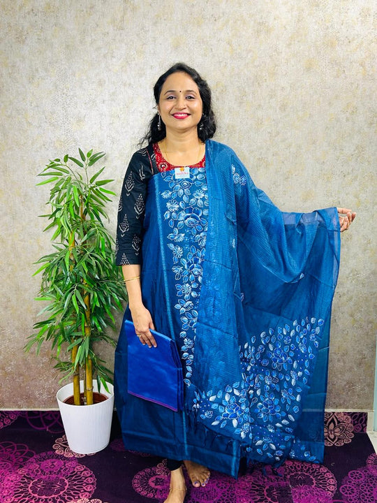 SALWAR MATERIAL-3PC-SILKY KOTA HAND BRUSH PAINTED-MB83-BLUE