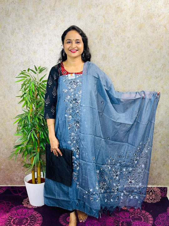 SALWAR MATERIAL-3PC-SILKY KOTA HAND BRUSH PAINTED-MB83-GREY
