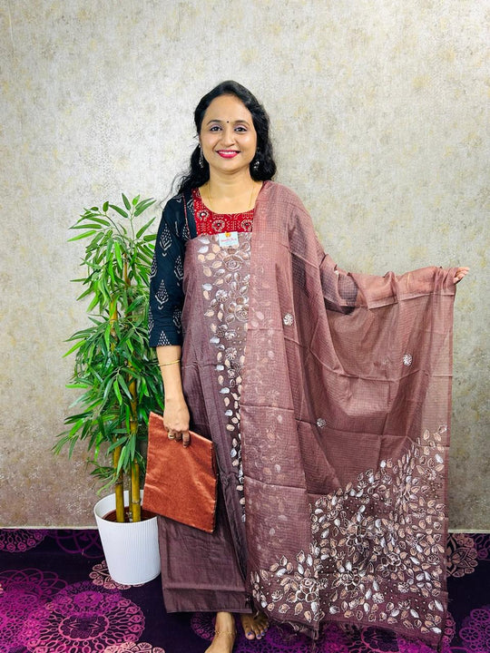SALWAR MATERIAL-3PC-SILKY KOTA HAND BRUSH PAINTED-MB83-BROWN
