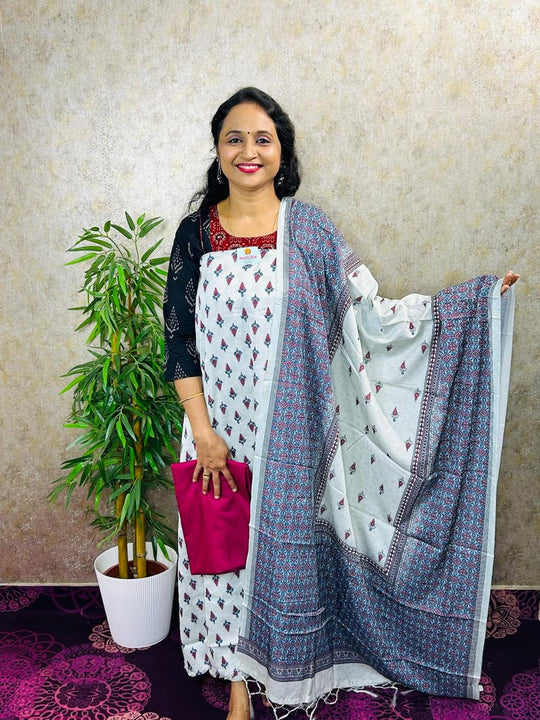 SALWAR MATERIAL-3PC-SLUB SILK PRINTED WITH THREAD WORK-MB83-WHITE-MAROON