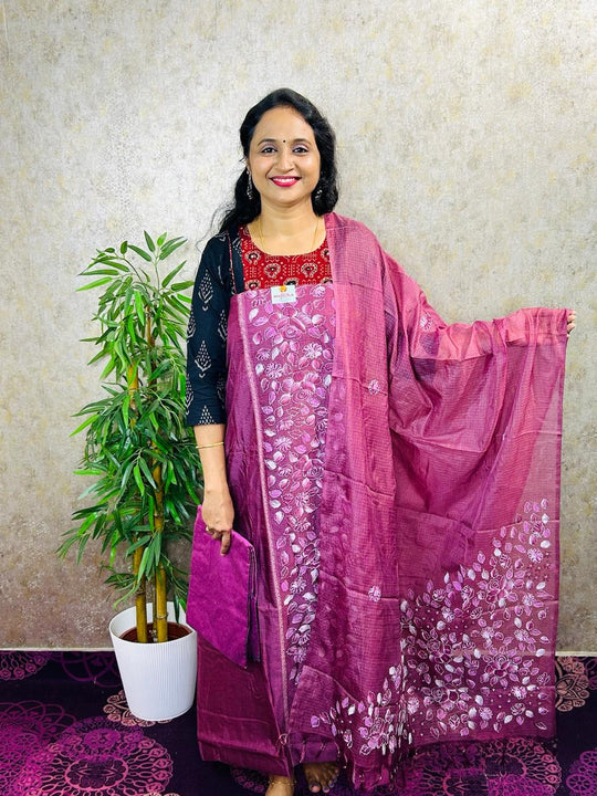 SALWAR MATERIAL-3PC-SILKY KOTA HAND BRUSH PAINTED-MB83-ONION PINK