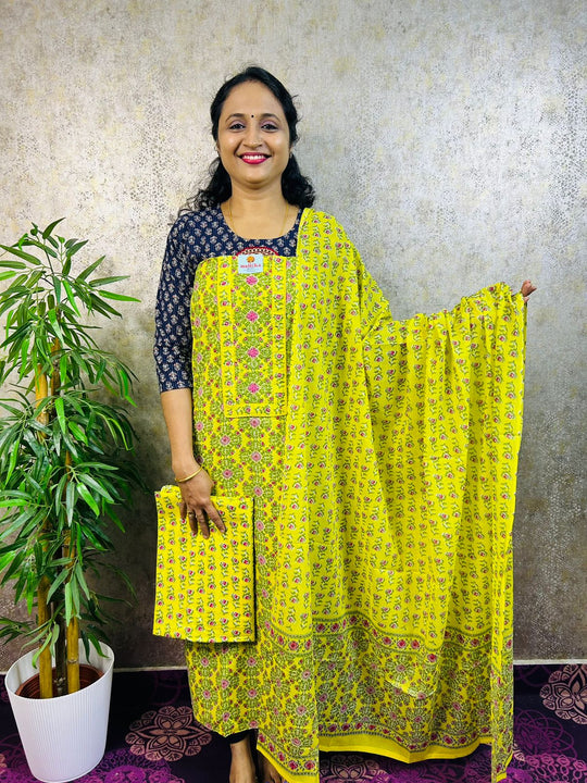 PURE MUL COTTON FLORAL PRINT 3PC SALWAR MATERIAL-PC-MB85 YELLOW