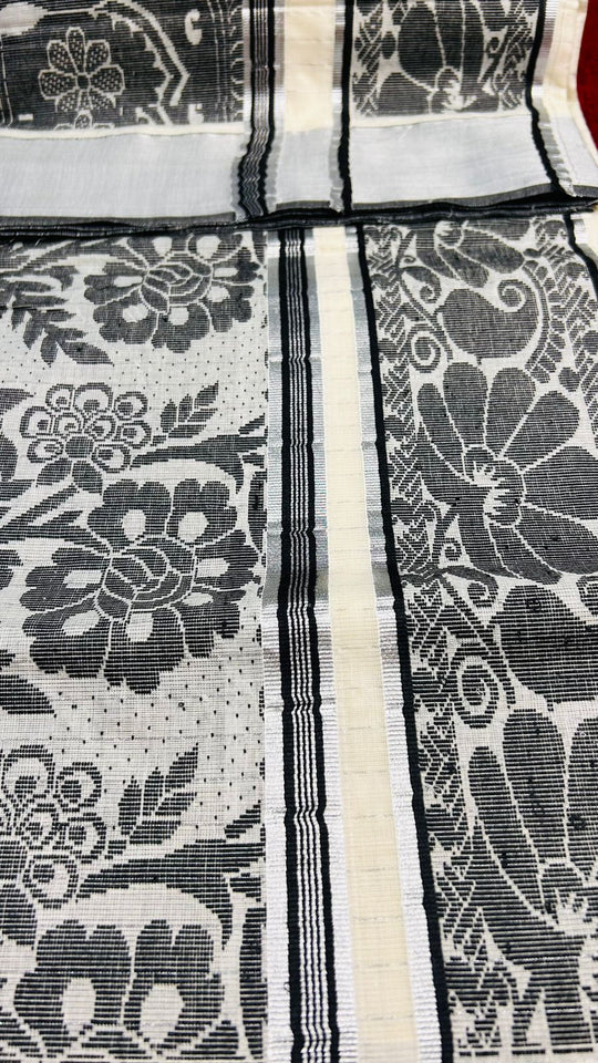 KERALA COTTON SAREE WITH BLACK AND SILVER THREAD WORK