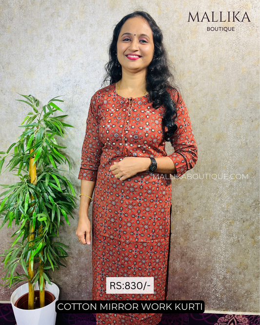 cotton dailywear kurtis product_code_MB81 red ajrak mirrorwork