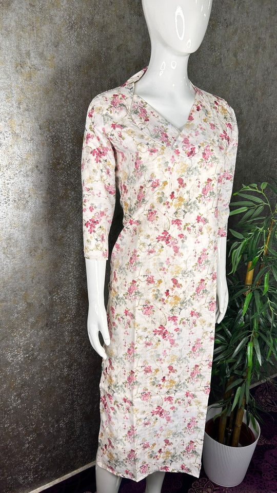 Cotton Linen Floral Printed Slitted Kurthi