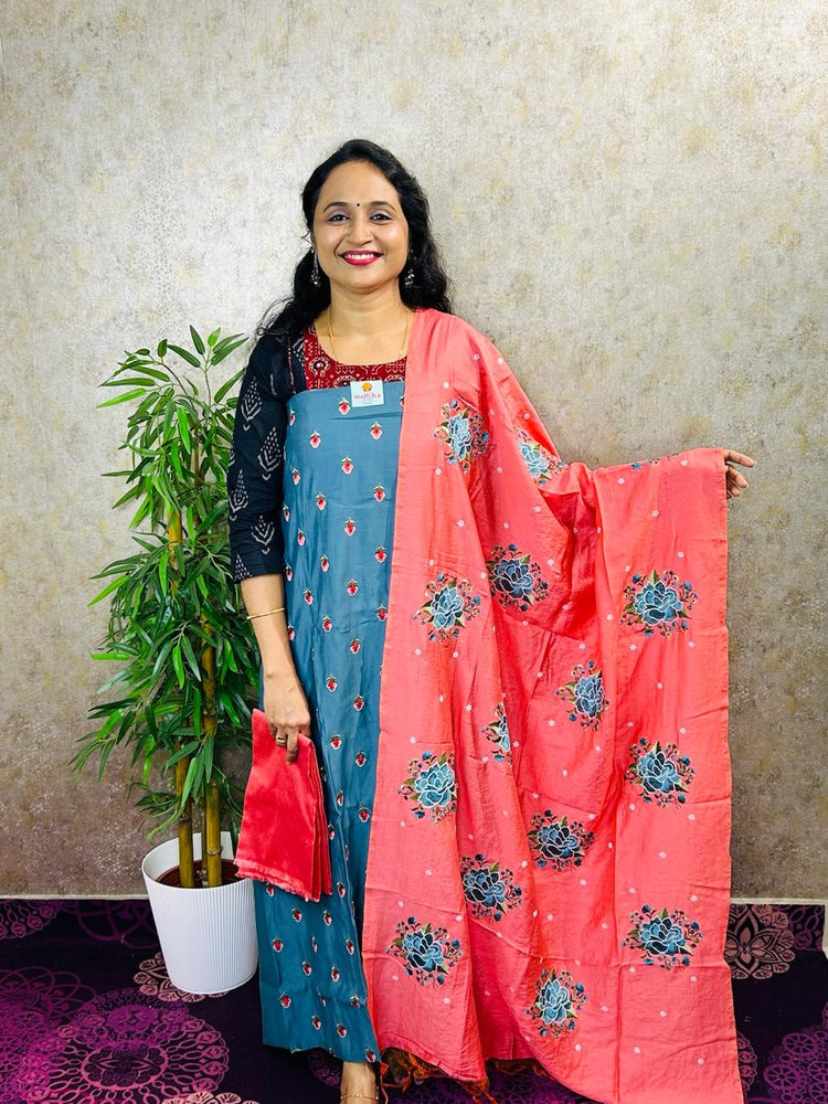 SALWAR MATERIAL-3PC-SEMI MODAL WITH KASHMIRI WORK-MB83-PASTEL BLUEISH GREY