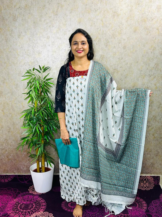 SALWAR MATERIAL-3PC-SLUB SILK WITH PRINTED with THREAD WORK-MB83-WHITE-GREEN