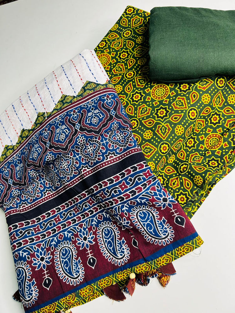PURE 100 COUNT COTTON AJRAK  3PCS SALWAR MATERIAL-PC-MB80